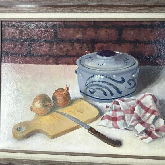 Larry Rasmussen Oil Painting Still Life Kitchen Table Bowl Onions Towel Knife 82